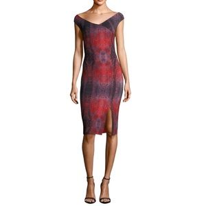 CHIARA BONI Irene Bateau Neck Cocktail Sheath Dress NEW Red Abstract Size 42
